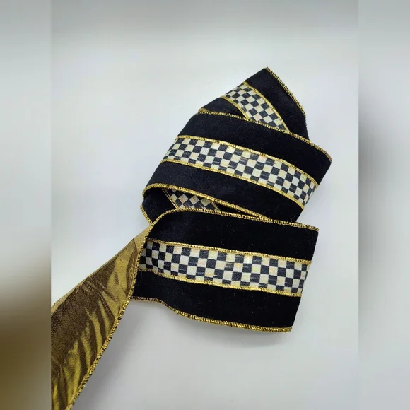 MACKENZIE-CHILDS Courtly Check Velvet Wired Ribbon Black Gold 3” Two (2) Yards - Picture 3 of 4